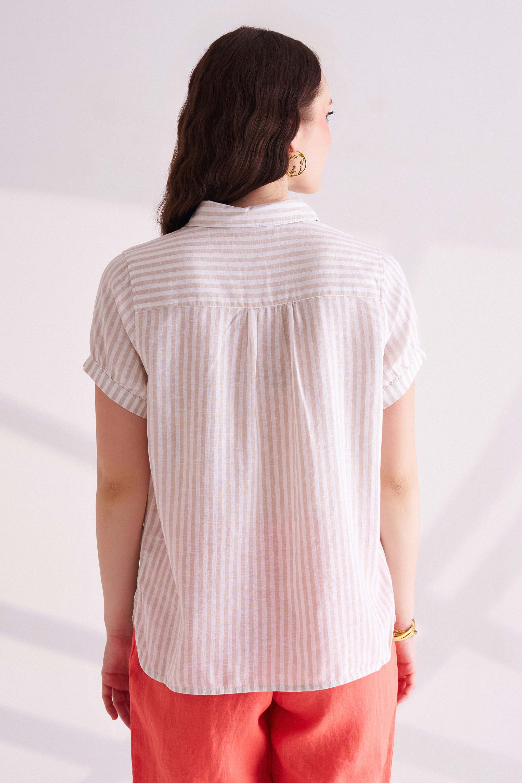 Beige Striped Linen Short Sleeves Shirt