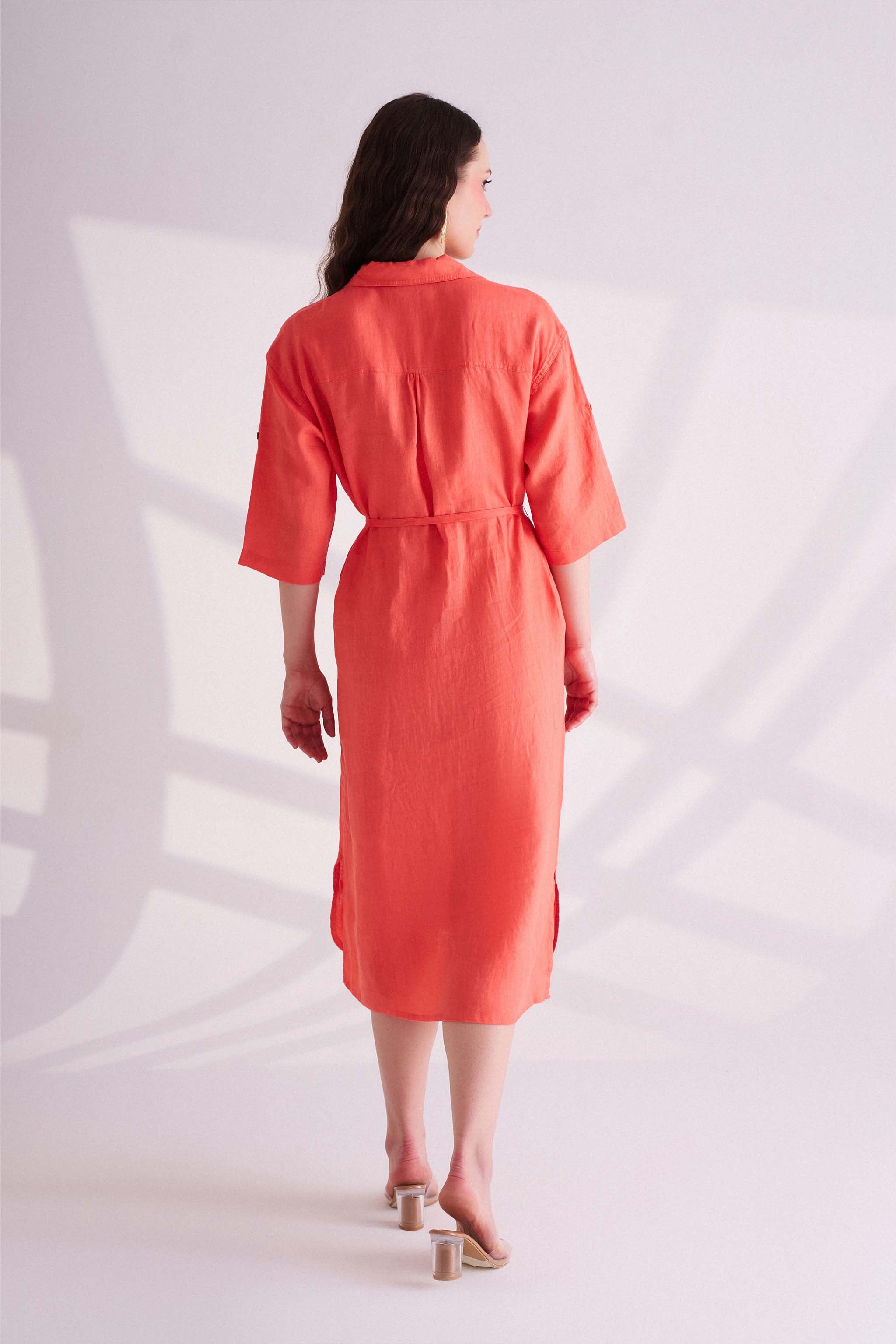 Orange Linen Shirt Dress