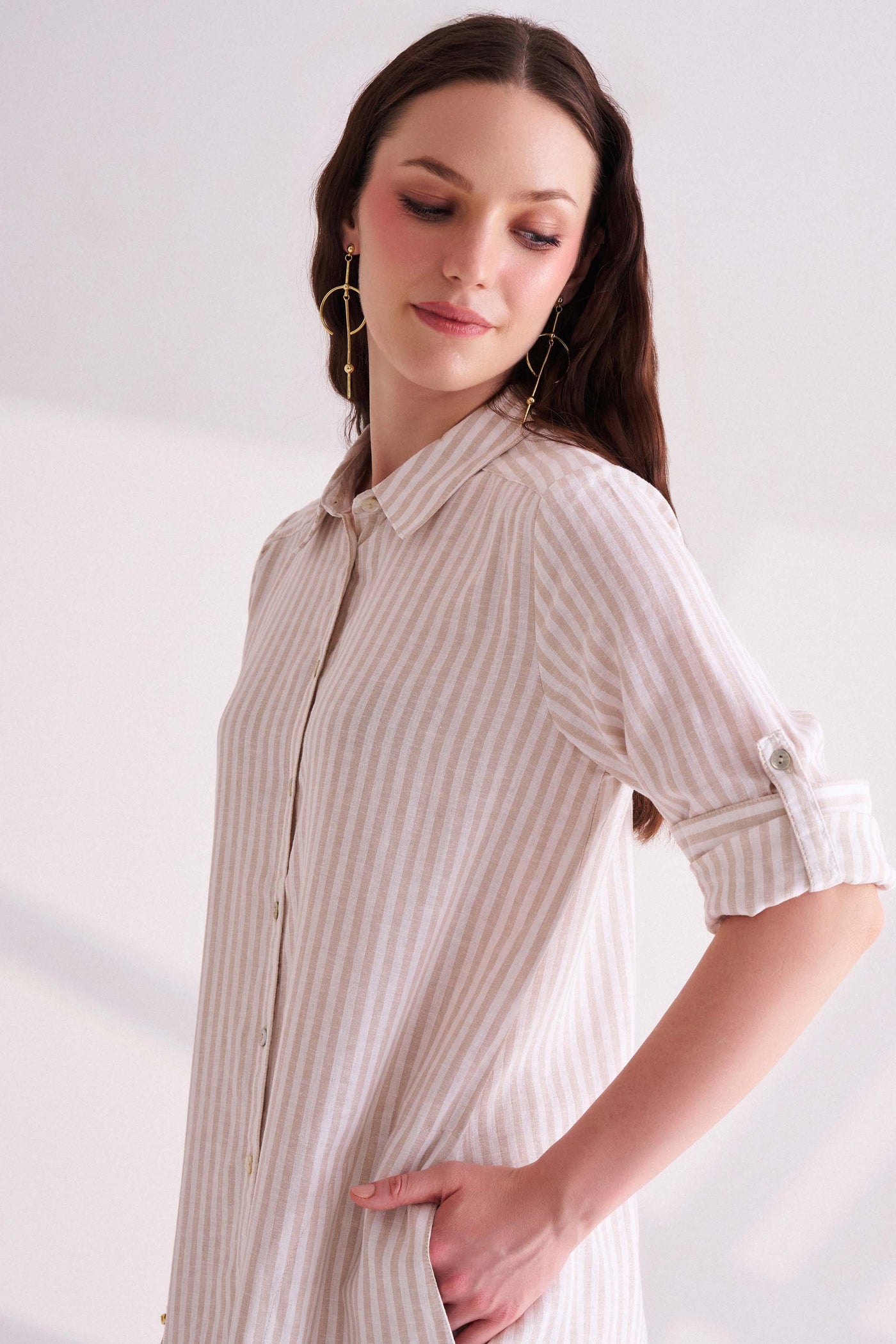 Beige Striped Linen Shirt Dress