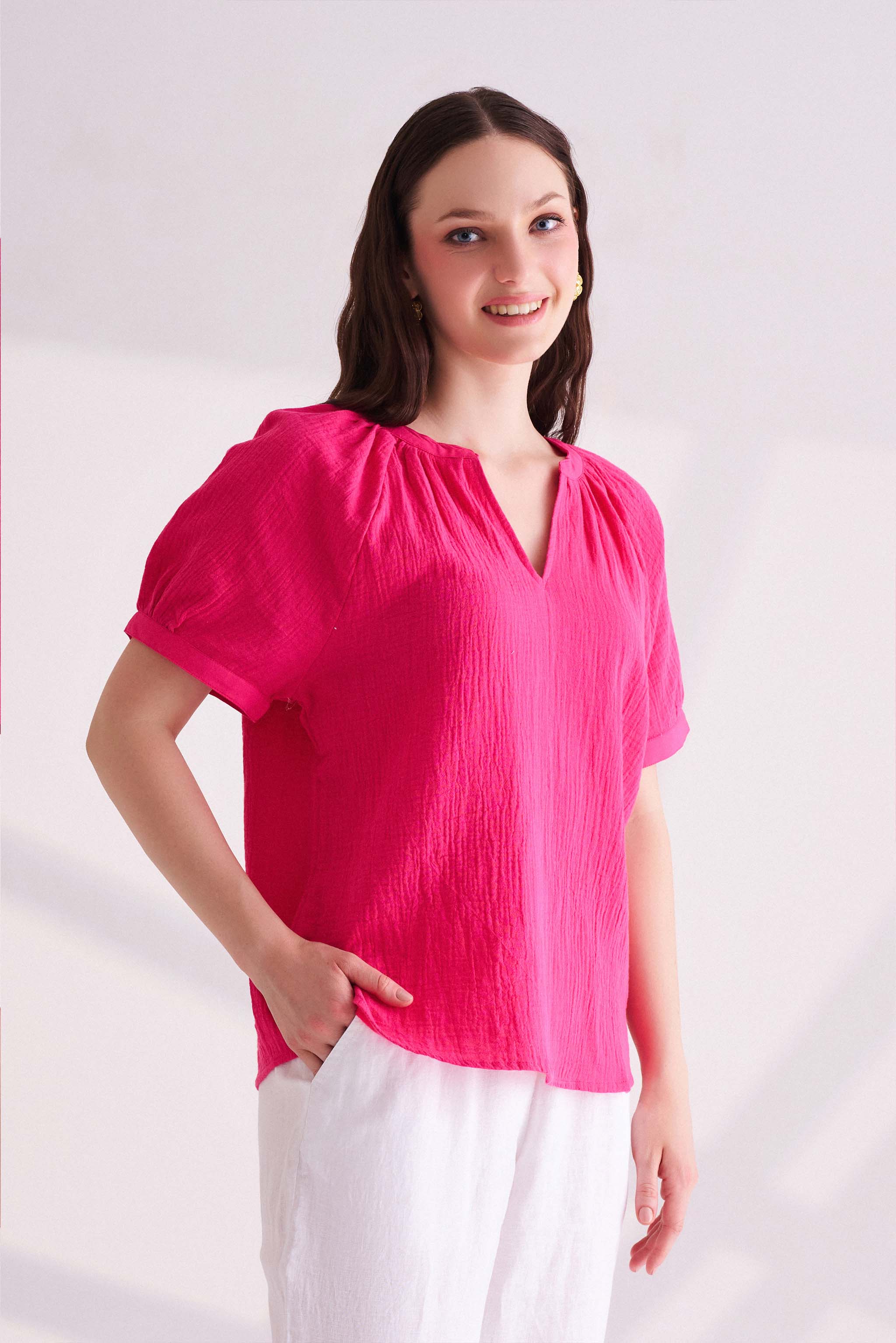 Pink Cotton Half Sleeves Top