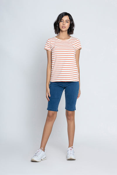 White with Red Stripes Short Sleeves T-Shirt