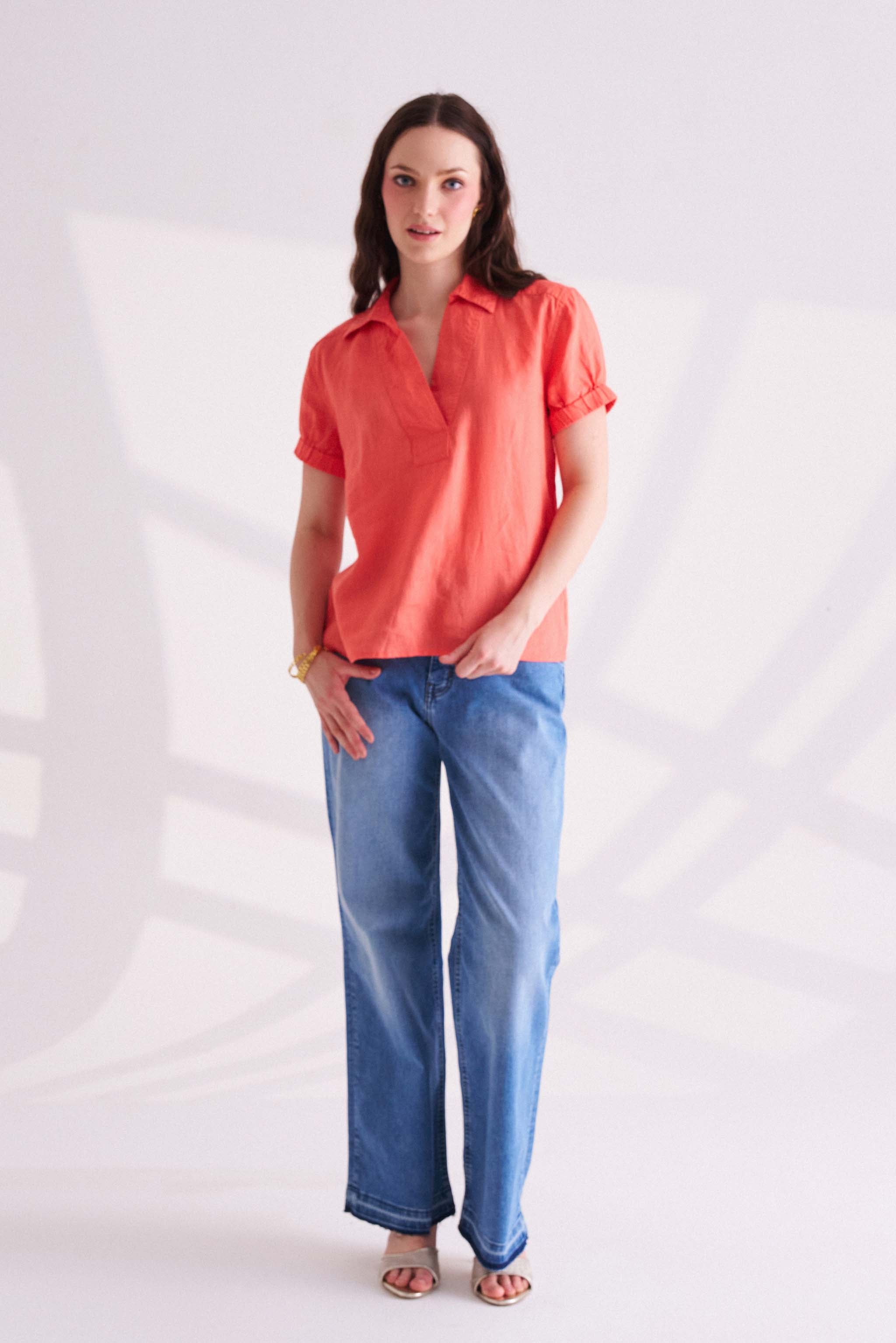 Orange Linen Collared Top