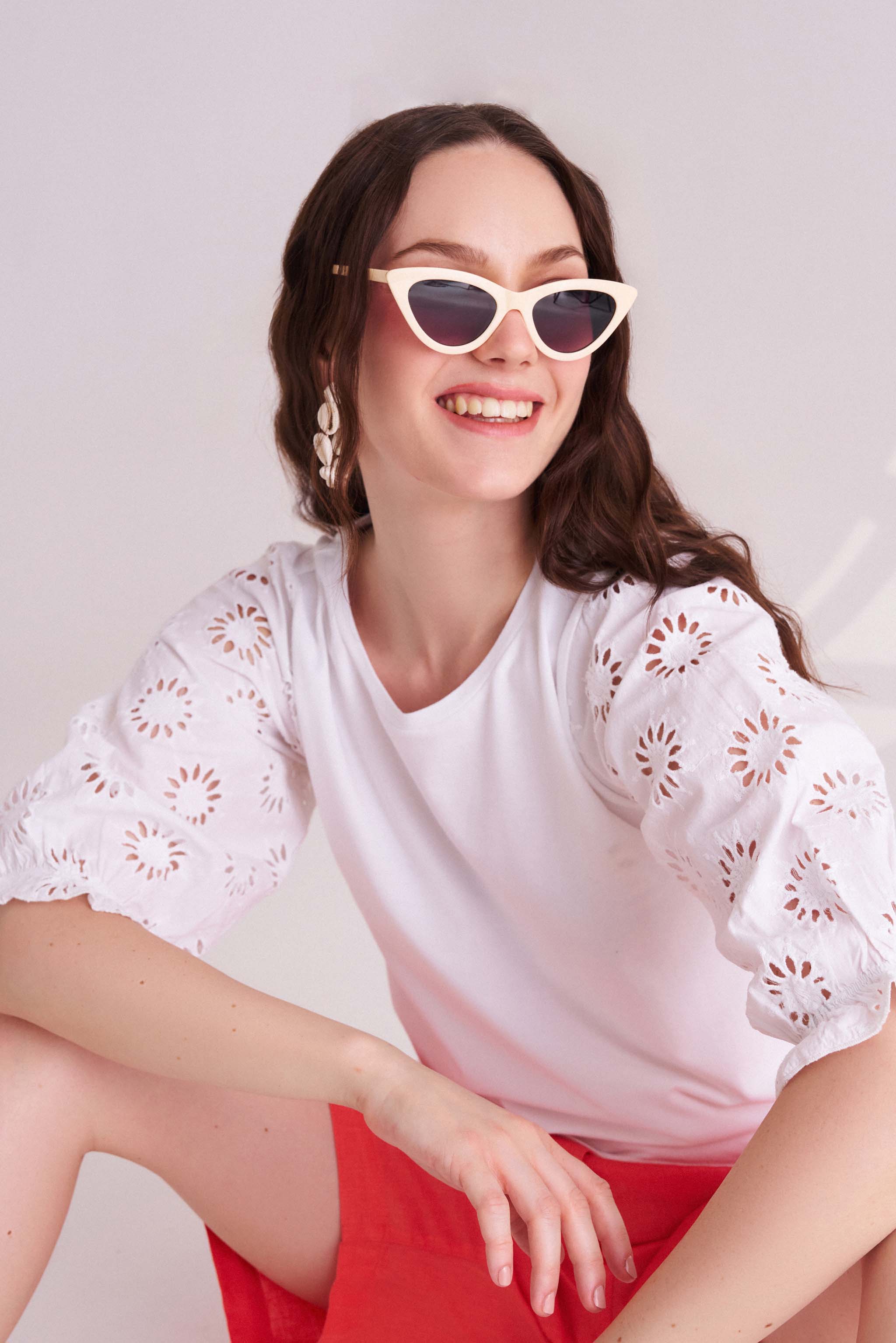 White T-Shirt with Embroidered Sleeves