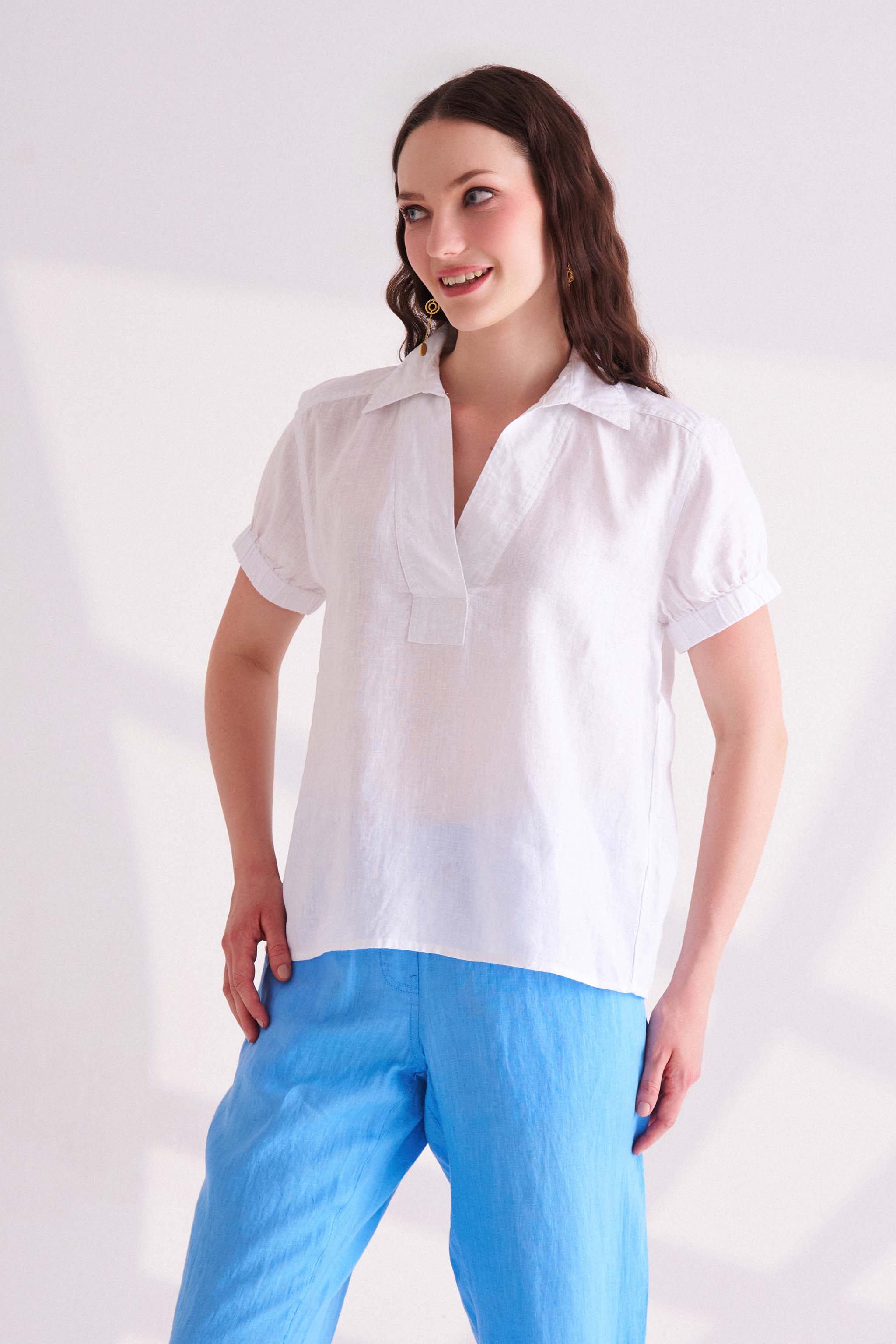 White Linen Collared Top