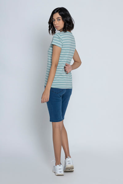 White with Sea Green Stripes Short Sleeves T-Shirt
