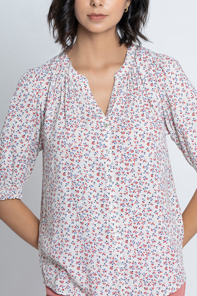 White with Blue & Pink Printed Blouse