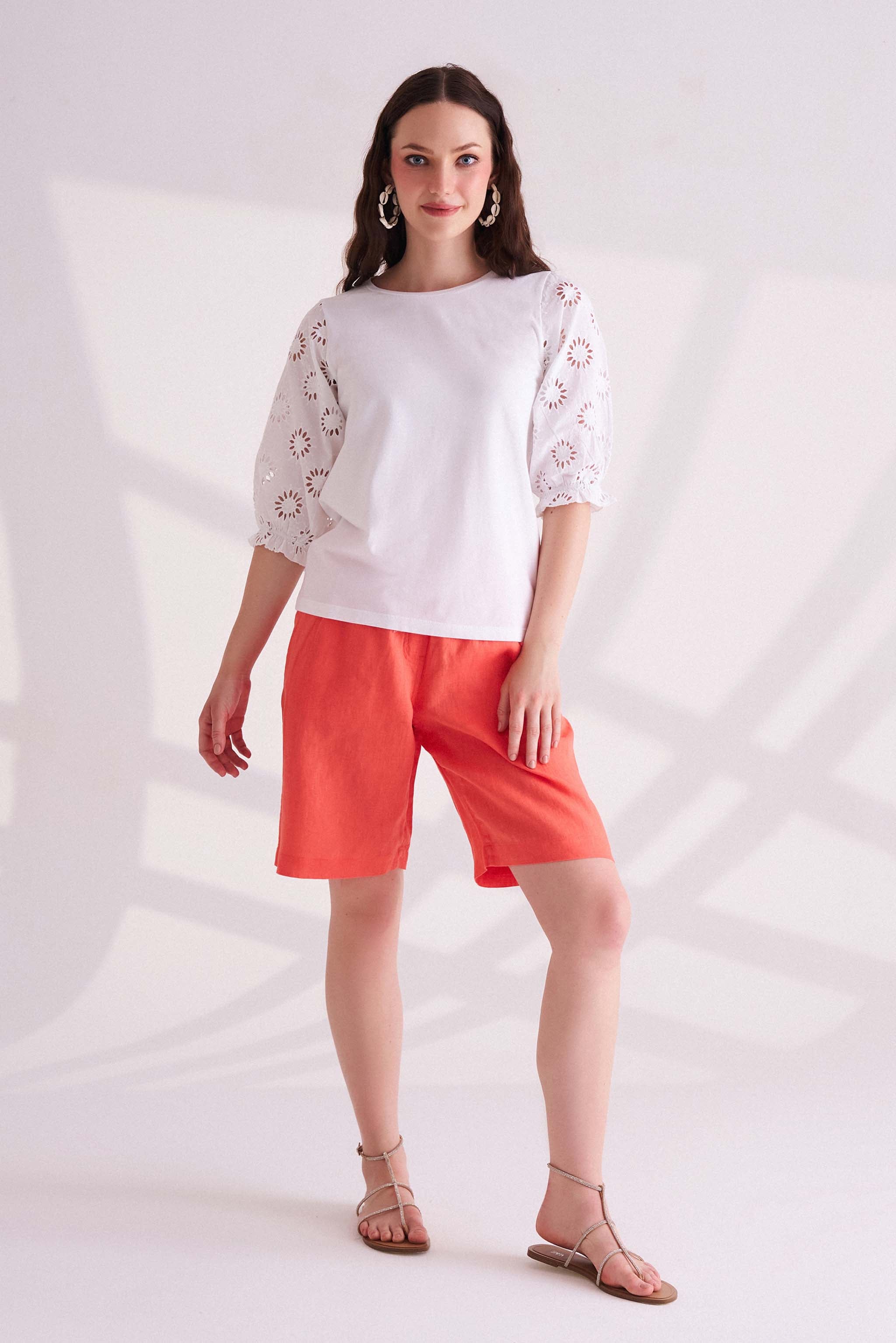 White T-Shirt with Embroidered Sleeves