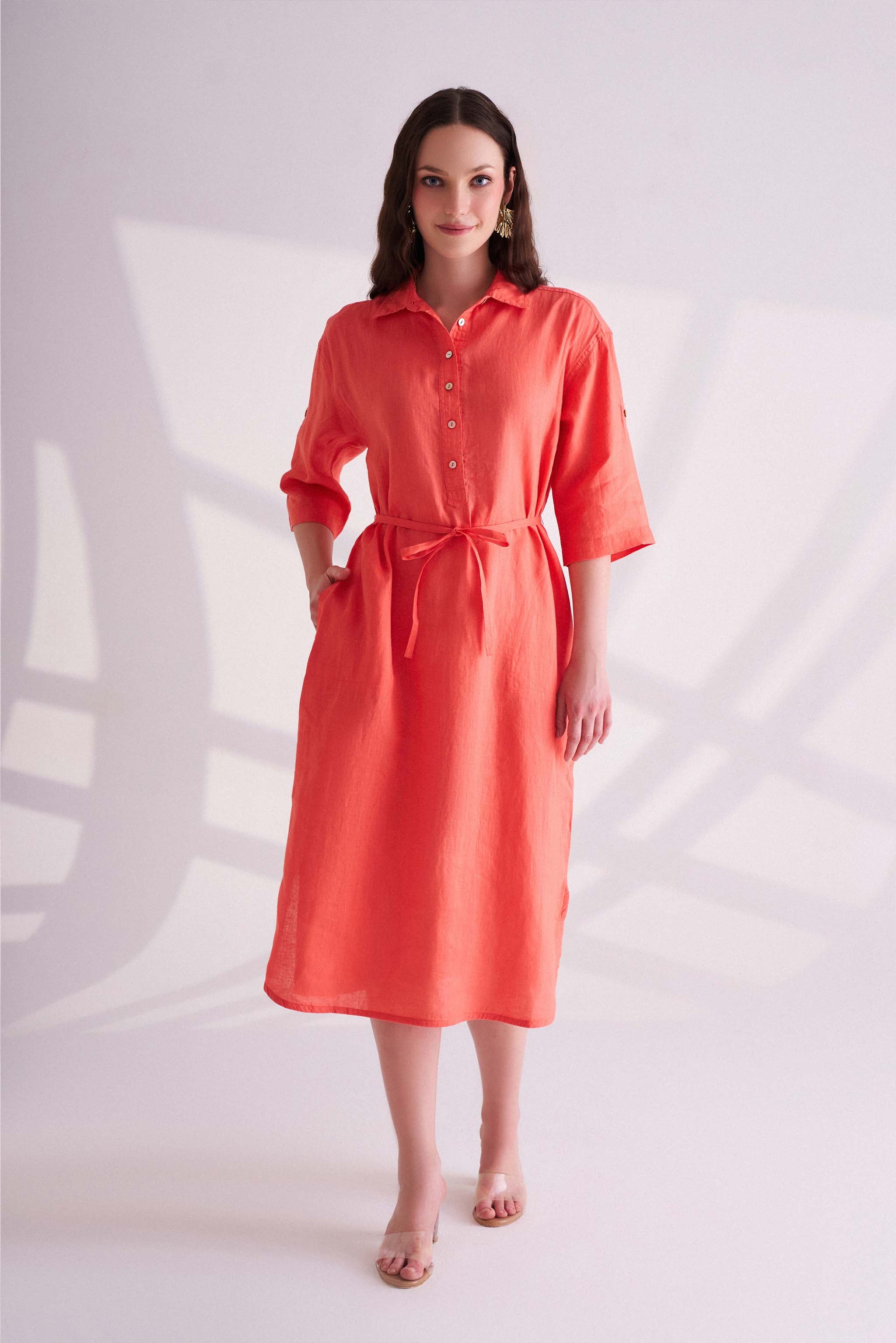 Orange Linen Shirt Dress