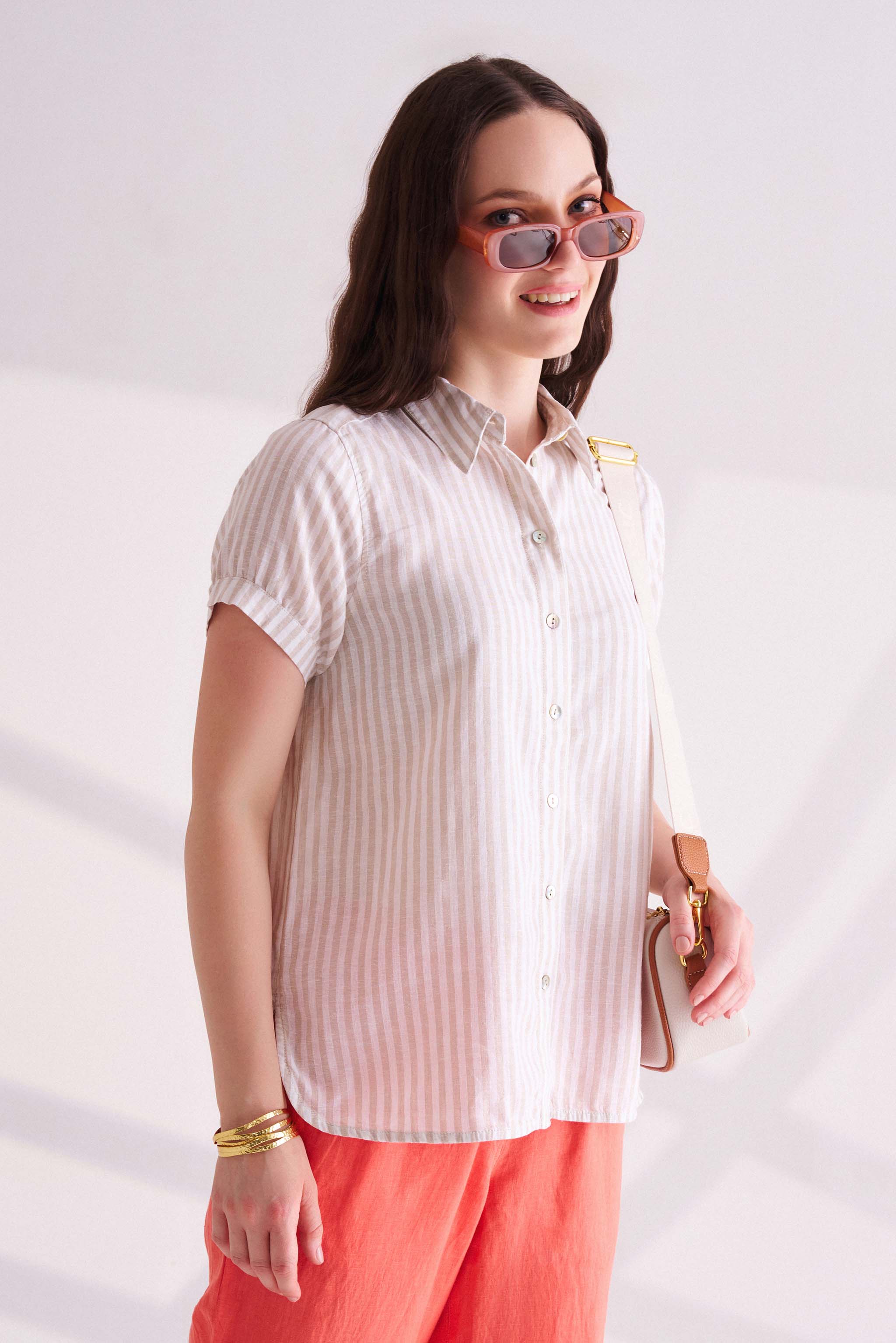 Beige Striped Linen Short Sleeves Shirt