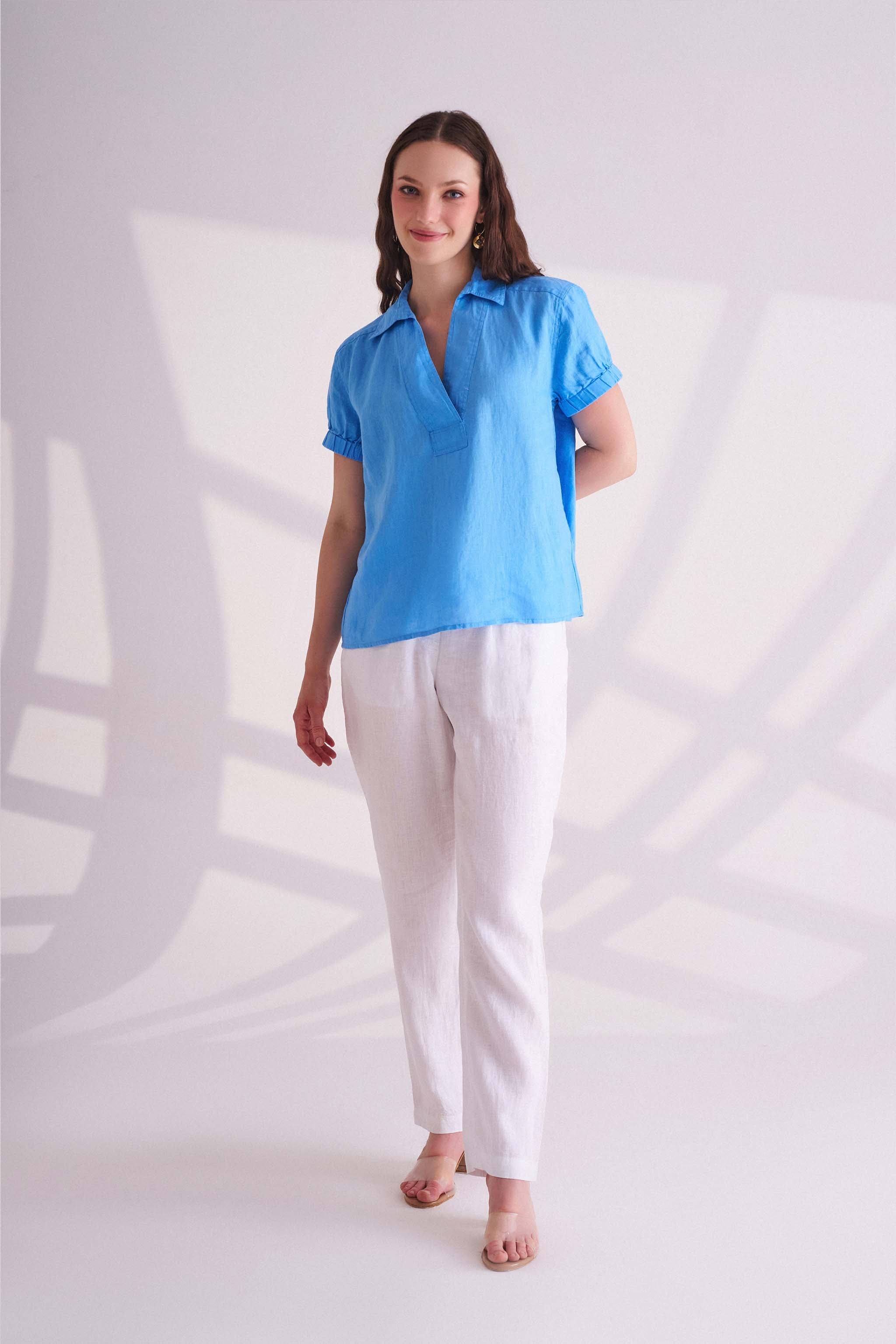 Blue Linen Collared Top