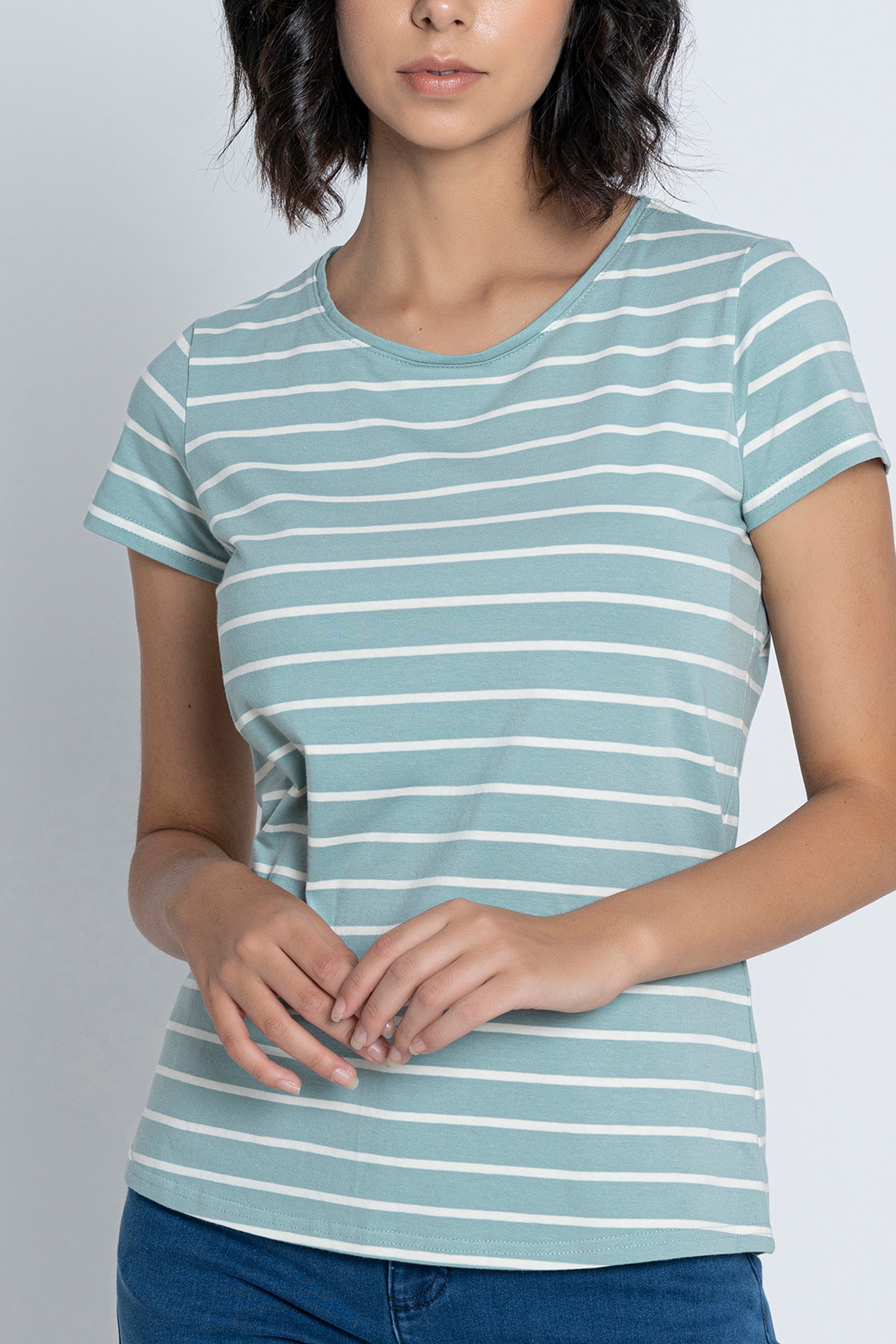 White with Sea Green Stripes Short Sleeves T-Shirt