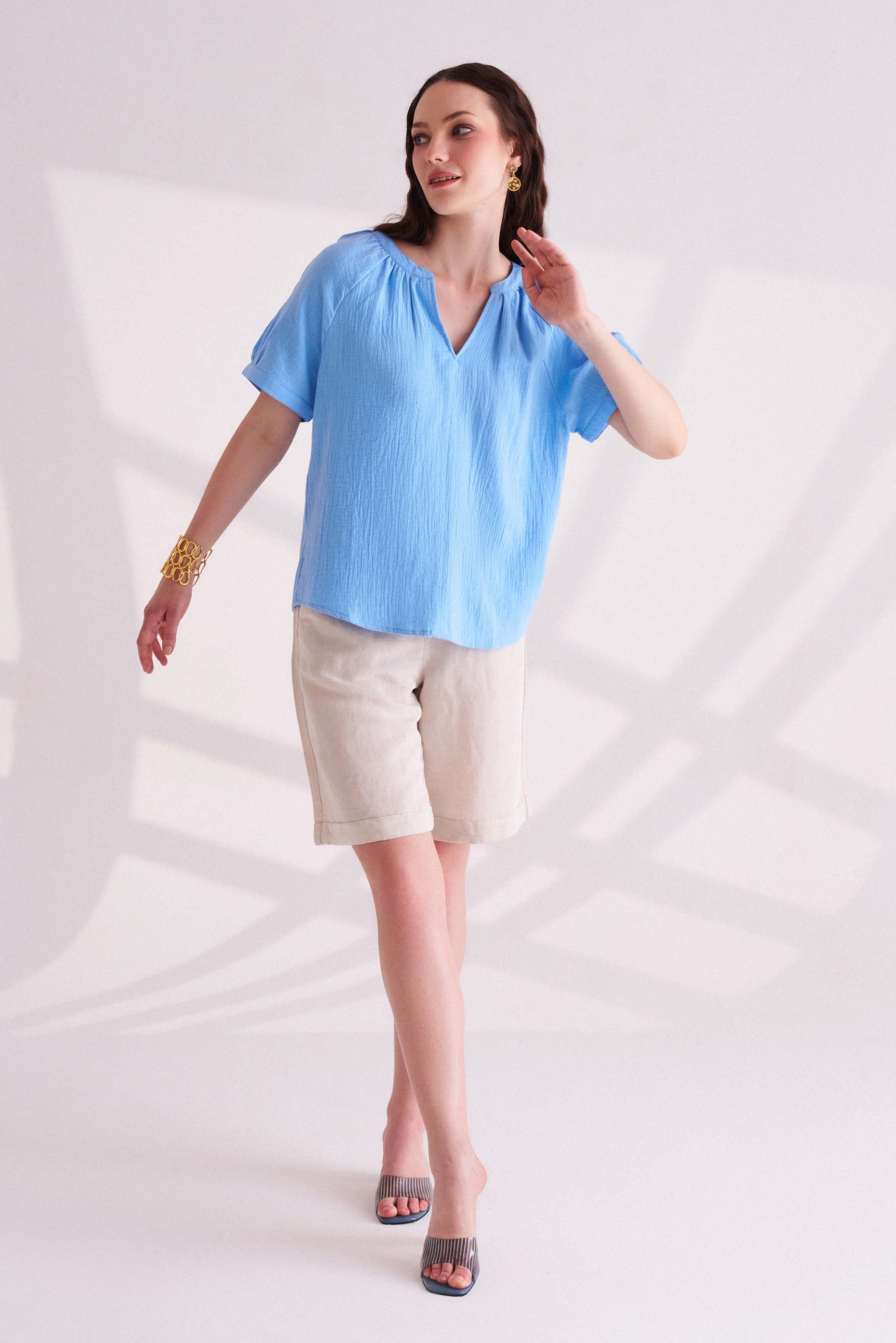 Blue Cotton Half Sleeves Top