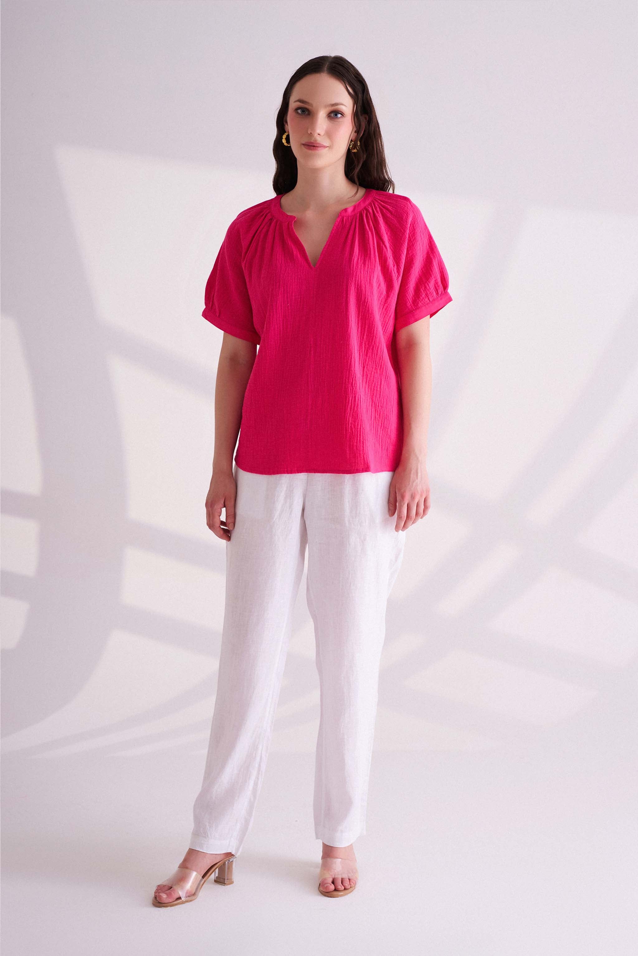 Pink Cotton Half Sleeves Top