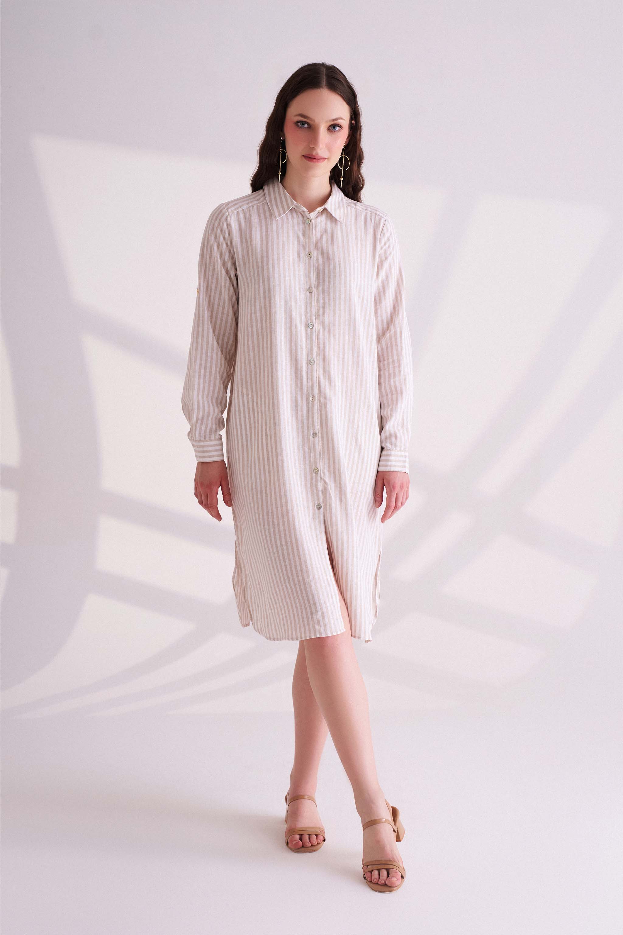 Beige Striped Linen Shirt Dress