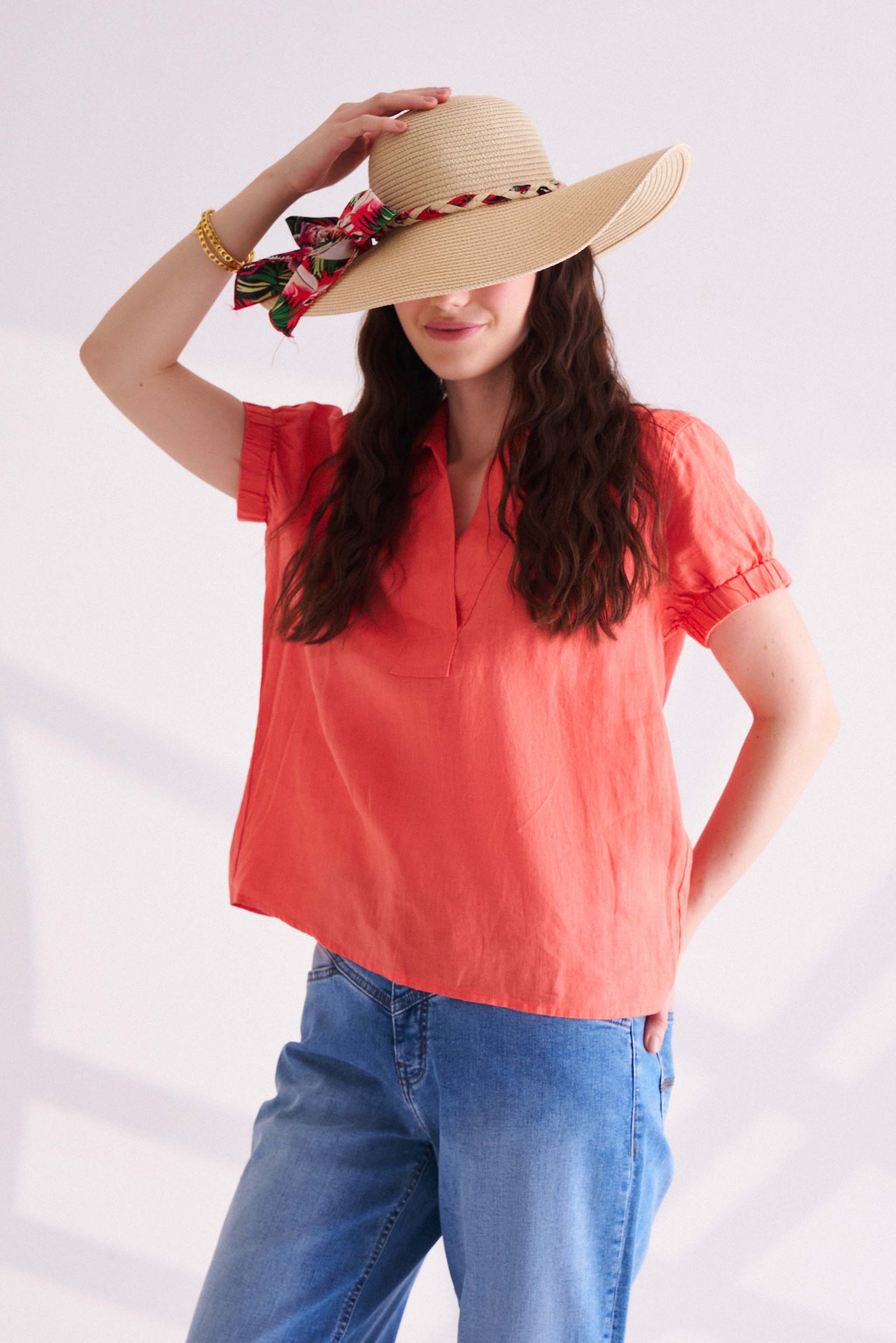 Orange Linen Collared Top