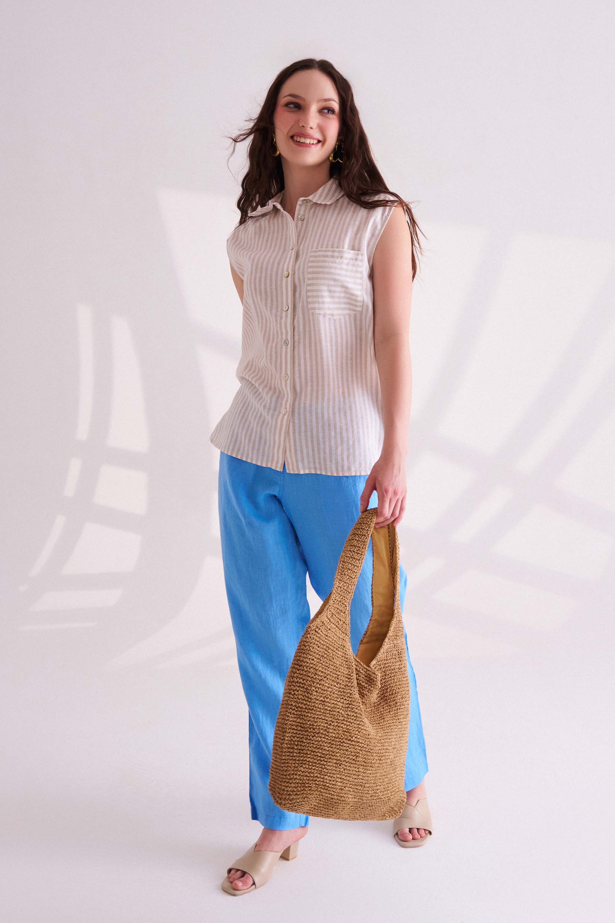 Beige Striped Linen Sleeveless Shirt