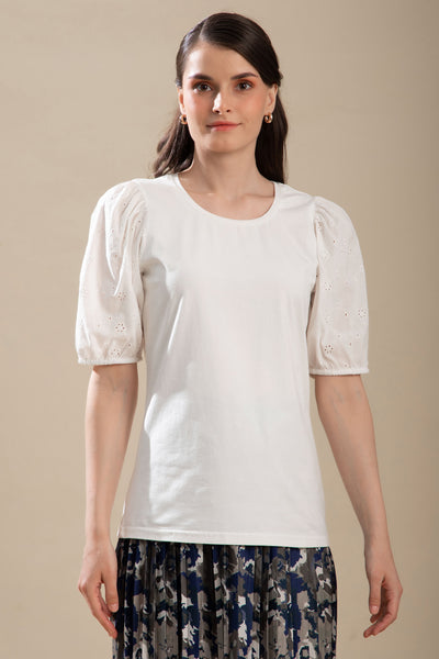 Off White T-Shirt with Embroidered Sleeves
