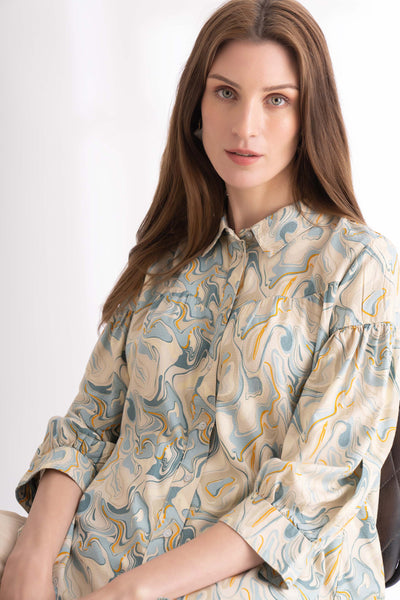 White Collared Printed Blouse